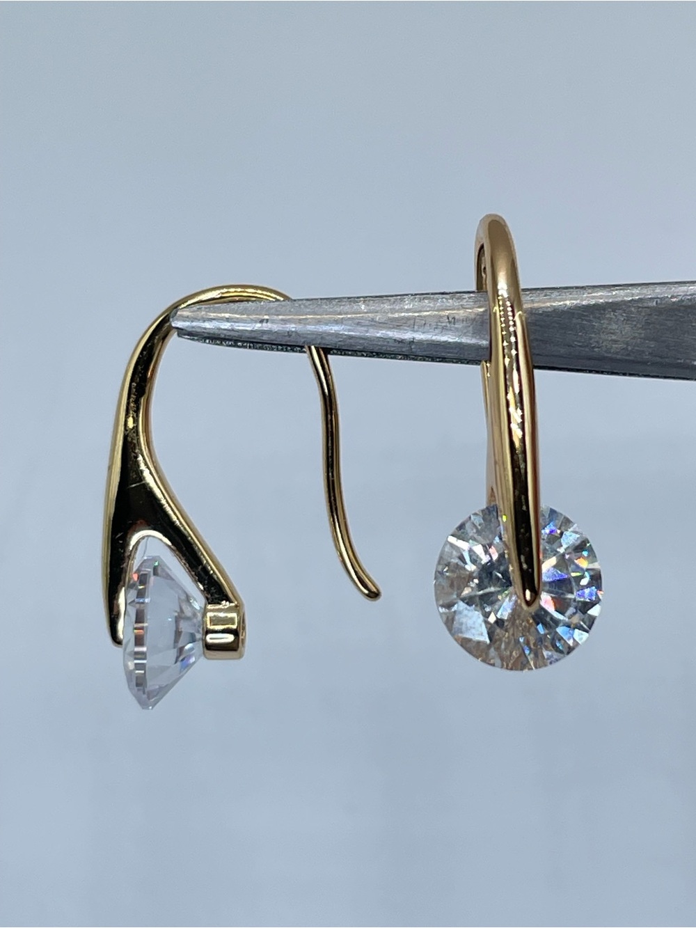 Gold Tone Clear CZ Solitaire Hook Earrings Minimalist Bridal Jewelry